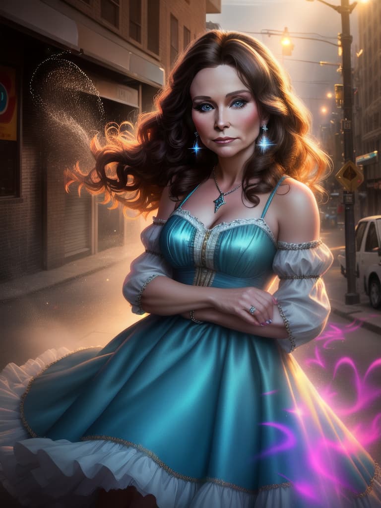  The young country singer Loretta Lynn, medium shot, upper body, spotlight, long exposure lighting, street art style spray paint, glamour lighting