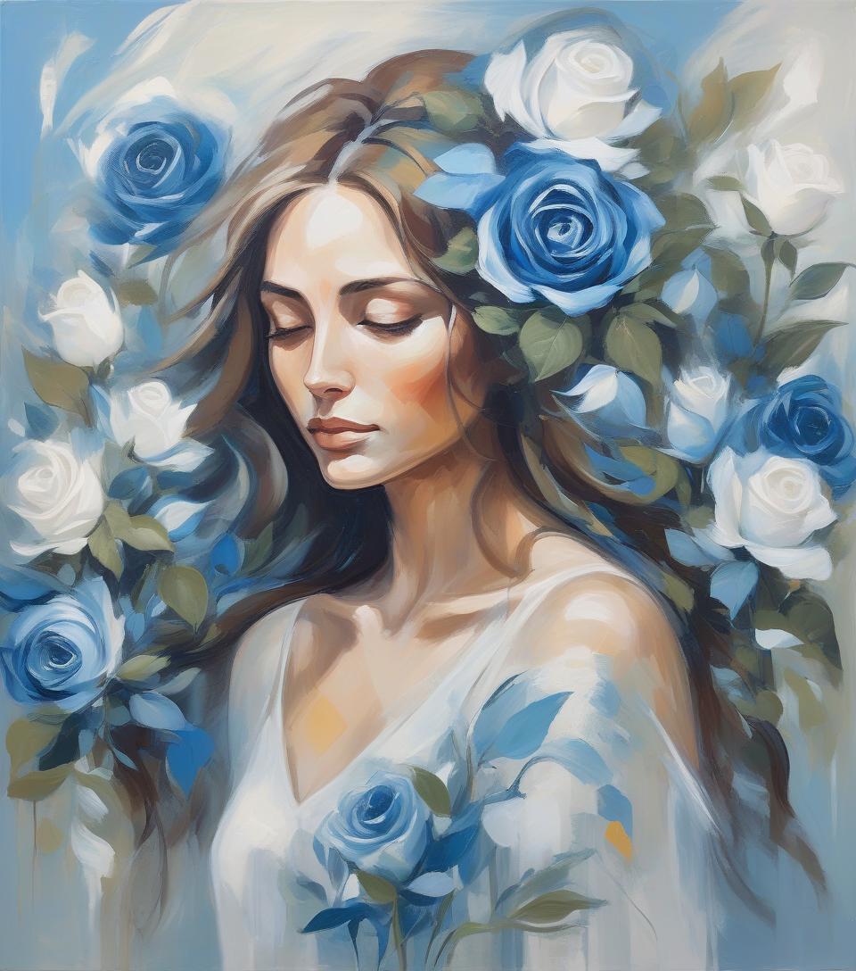  abstract expressionist painting a serene woman with flowing hair holds blue and white roses, surrounded by soft light and delicate leaves, embodying grace and beauty in a captivating portrait . energetic brushwork, bold colors, abstract forms, expressive, emotional