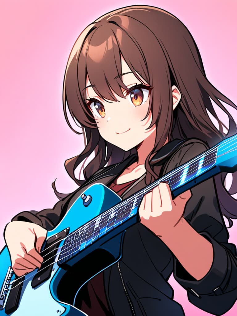  (beautiful girl:1.5){rock band girl:1.5}(brown hair:1.5)(long hair:1.7)(wavy hair:1.5)(with a electric guitar:1.7){red leather jacket:1.5}{smile}{play guitar happily:1.7} {upper body} master piece,high quality,16k,super analysis,correct fingerposition,correct index