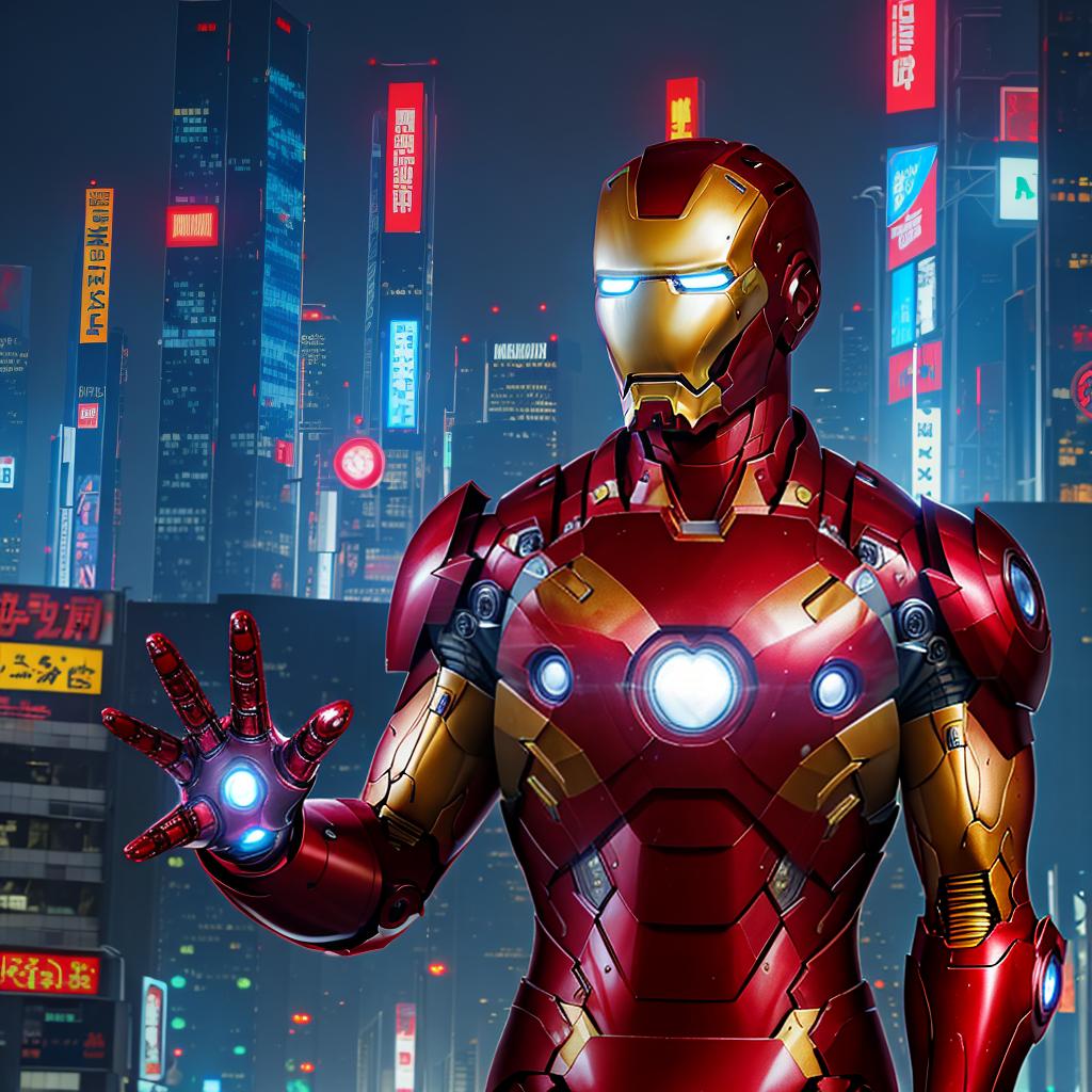  masterpiece, best quality, masterpiece, 8k resolution, realistic, highly detailed, Iron Man close-up. He stands on a street lined with tall buildings in a cyberpunk style city at night. The city's night lights are bright, and the surrounding buildings and streets are full of cyberpunk elements such as neon lights, high-tech equipment and futuristic architectural design.