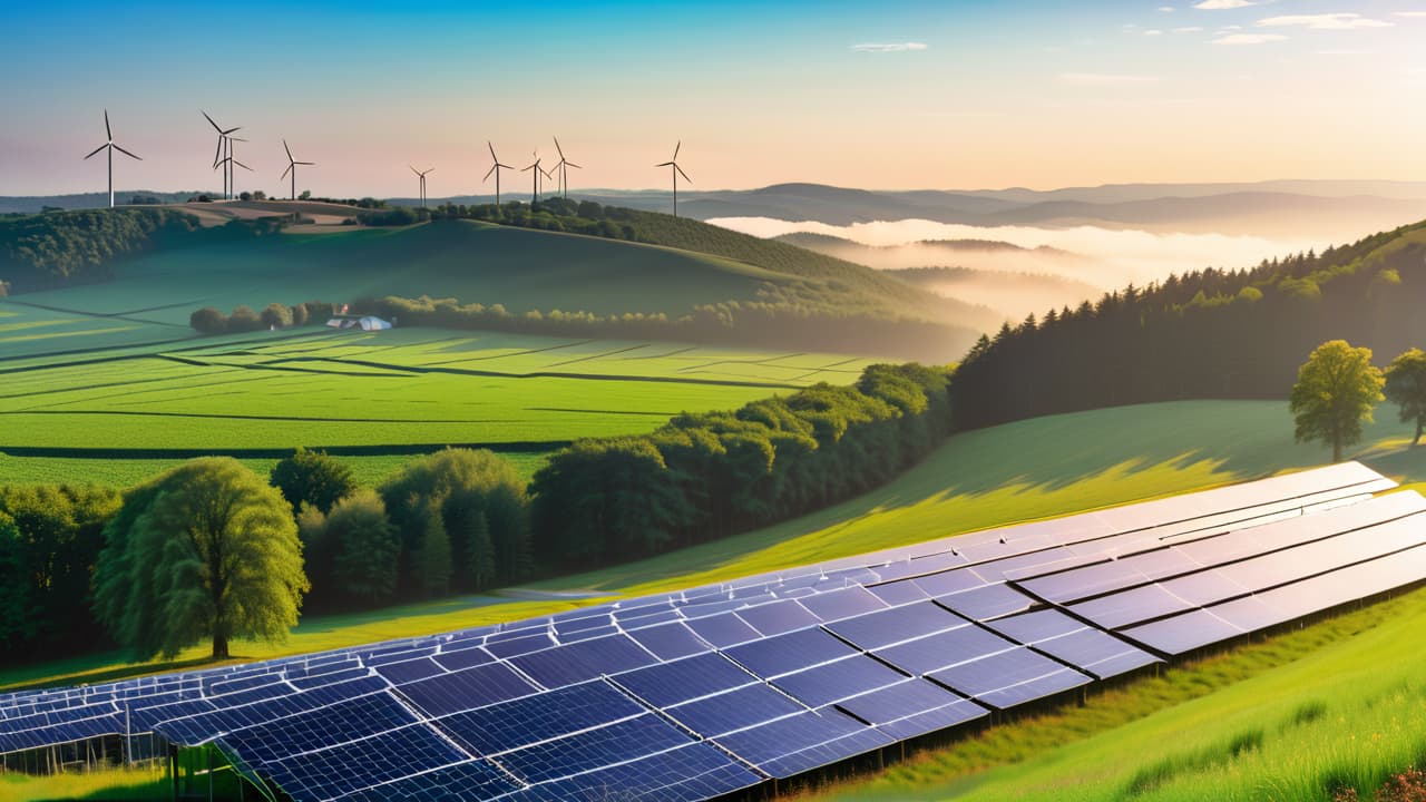  a vibrant landscape showcasing a solar farm with gleaming panels, a wind turbine farm on rolling hills, a flowing river with a hydroelectric dam, and a geothermal plant amidst lush greenery, all under a bright blue sky. hyperrealistic, full body, detailed clothing, highly detailed, cinematic lighting, stunningly beautiful, intricate, sharp focus, f/1. 8, 85mm, (centered image composition), (professionally color graded), ((bright soft diffused light)), volumetric fog, trending on instagram, trending on tumblr, HDR 4K, 8K