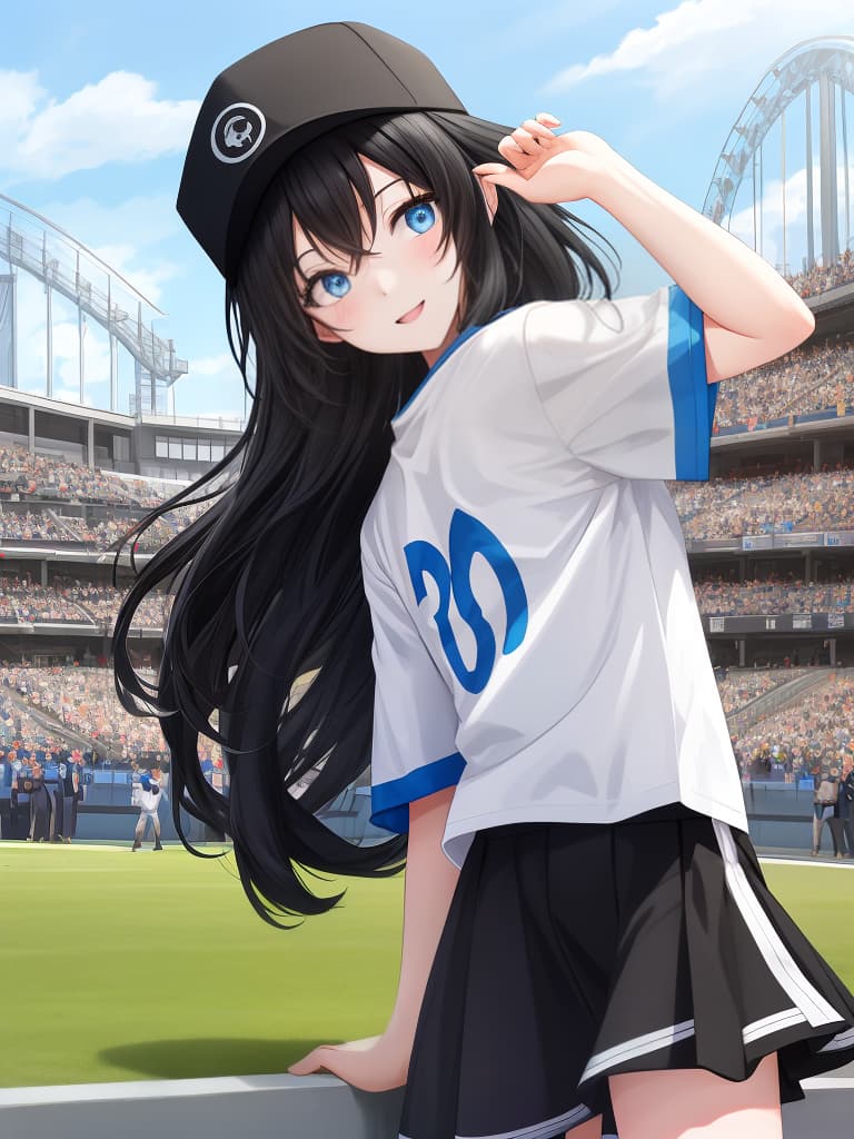  energetic and lively atmosphere: long and straight black haired people wear a white baseball shirt with blue letters to support the baseball cap and eager. cute poses, winks, and one arm are raised high. the scene is outdoor stadium, the background is a cool background of natural light, whole body,