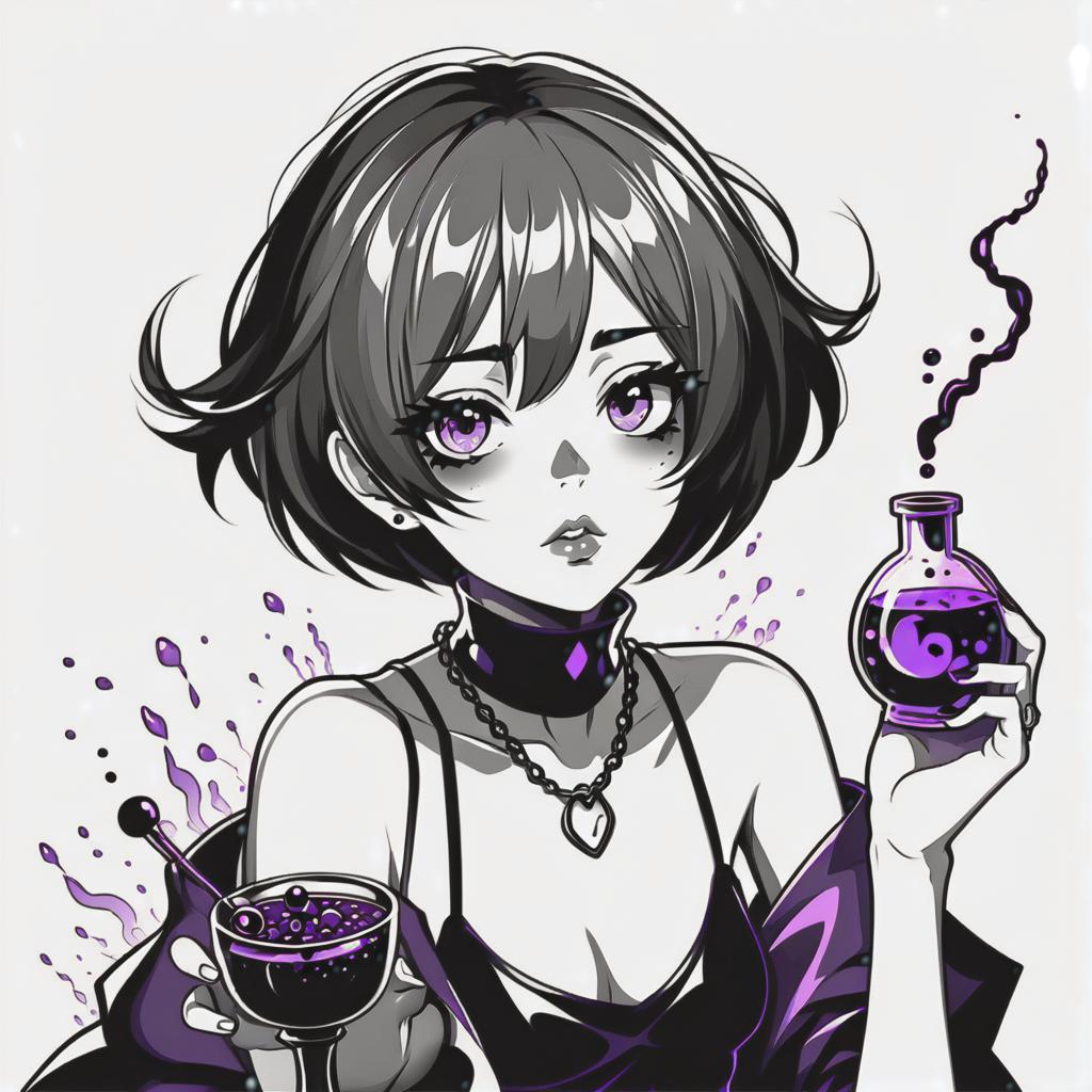  line art drawing poison girl short hair with potion, same nightmare. anime style . professional, sleek, modern, minimalist, graphic, line art, vector graphics