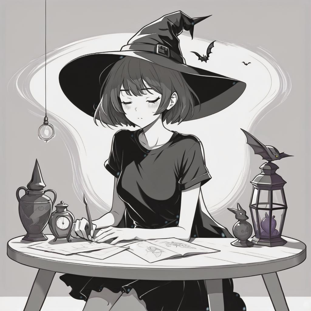  line art drawing girl in t shirt and black dress, with short hair, witch hat, sleeping on table, same nightmare. anime style . professional, sleek, modern, minimalist, graphic, line art, vector graphics