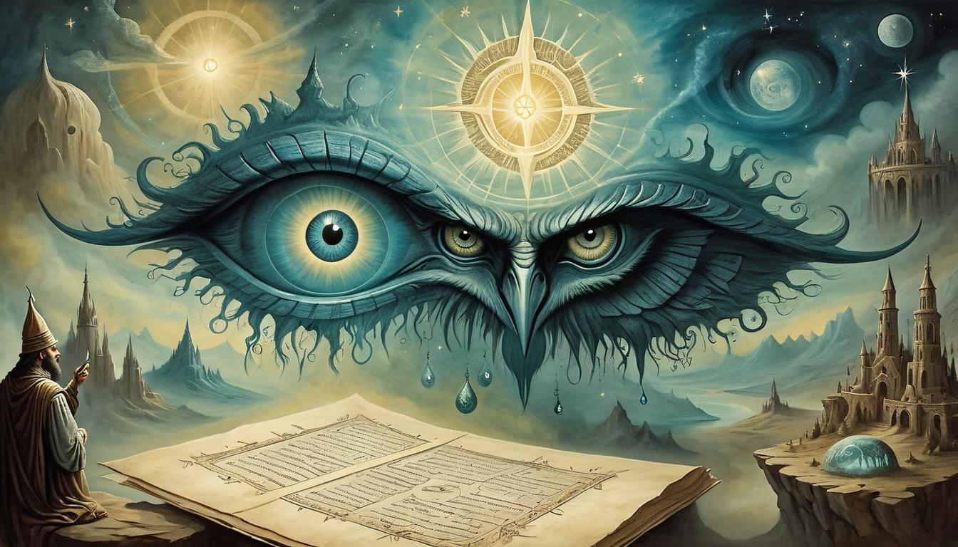  on parchment, surrealism+++, a seer, eyes radiating wisdom, unveiling hidden truths, surrounded by an aura of light, celestial ambiance, crucial, purposeful(mysterious, provocative, symbolic,muted color)+++