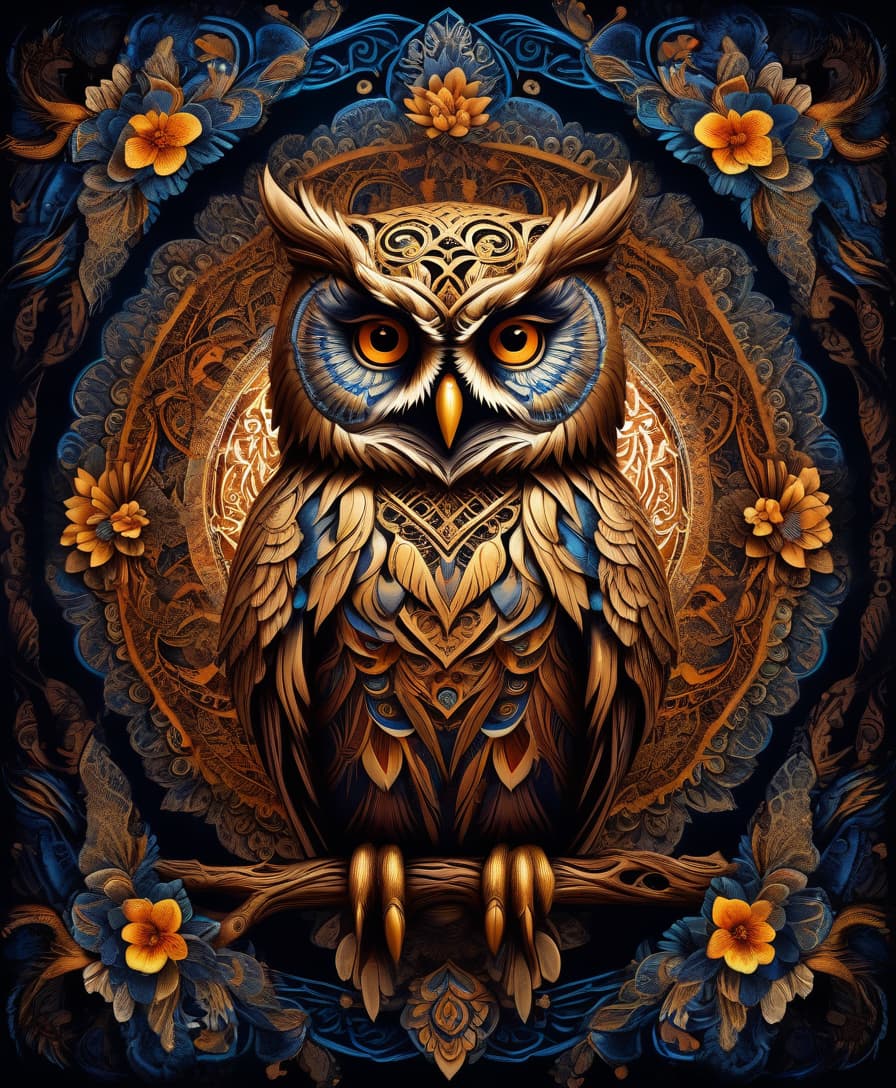  tribal style masterpiece, hdr 8k, digital image. conceptual art. (owl, a dangerous bird of prey, sits on a tree, piercing gaze, sharp beak, powerful claws), appearing in ancient russian ethnic ornaments that make up a symmetrical mandala consisting of an endless forest, a wide flowing river and majestic mountains, the mandala is decorated with a fantastic ice pattern). abstract elements: stones, tree leaves, flowers. the effect of dissolving the natural shades of fur in sky waves. filigree finishes, mysterious neon glowing accents, intricate. stylization. neo rococo style. stylish, dynamic, atmospheric. background dissolving abstract patterns in the space:: vignetting:: complex ethnic ornament. mystery, fantasy surrealism. high detail. hi