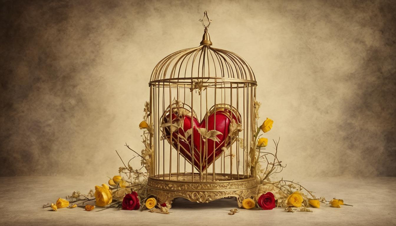  on parchment, surrealism++, a broken heart inside a golden cage, wilted flowers around, symbolic of loss and failure, lack of empathy, trapped emotions(mysterious, provocative, symbolic)++