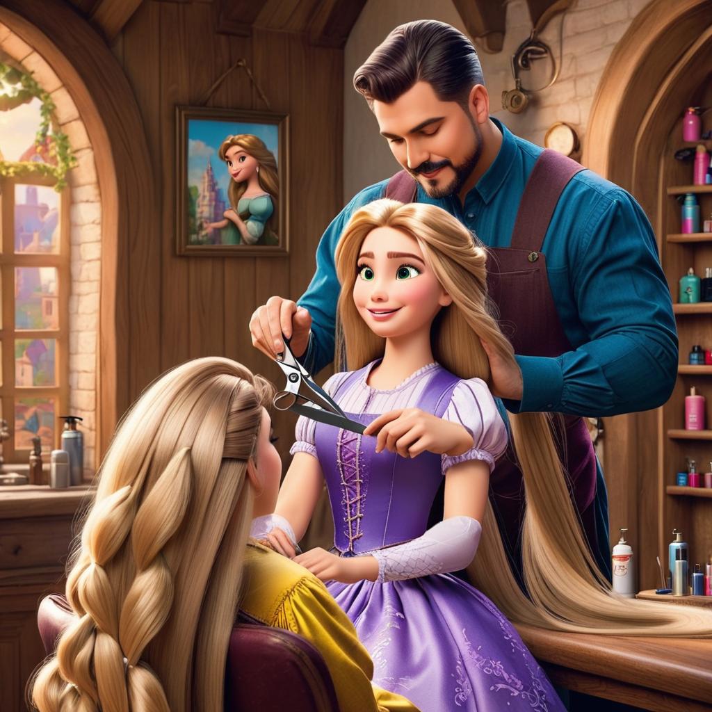  rapunzel getting her hair cut by a barber using scissors