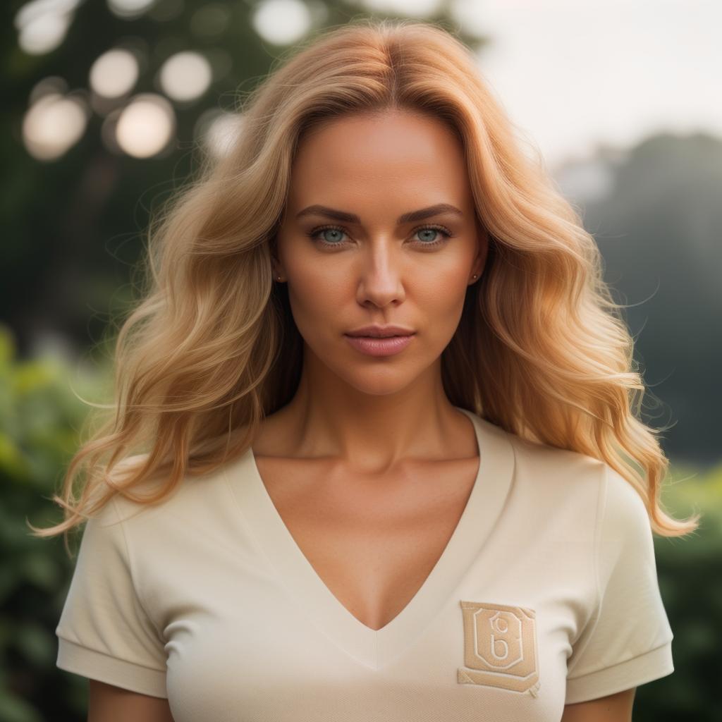  (((realistic full torso frontal head shot of a light beige to medium tan skin tone woman))), liselotte greta krause, ((caucasian heritage)), immature face, blue eye color, ((wavy hair style)), ((ginger hair color)), ((athletic body type)), medium size, athletic size, (immature narrow nose), (immature prominent cheekbones), (immature defined jawline), (immature medium lips), (immature high forehead), (immature symmetrical face), (immature soft eyebrows), standing straight looking directly into the camera,((wearing fitted polo shirt with deep v neck and monogrammed pocket)), backyard in background, 1girl, best quality, highest quality, award winning photo, masterpiece, raw, professional photography, photorealism, sharp focus, hyperrealistic, full body, detailed clothing, highly detailed, cinematic lighting, stunningly beautiful, intricate, sharp focus, f/1. 8, 85mm, (centered image composition), (professionally color graded), ((bright soft diffused light)), volumetric fog, trending on instagram, trending on tumblr, HDR 4K, 8K