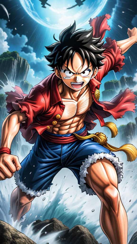  monkey d. luffy delivering a powerful gomu gomu no nika strike, gear 5, one piece, anime art hyperrealistic, full body, detailed clothing, highly detailed, cinematic lighting, stunningly beautiful, intricate, sharp focus, f/1. 8, 85mm, (centered image composition), (professionally color graded), ((bright soft diffused light)), volumetric fog, trending on instagram, trending on tumblr, HDR 4K, 8K