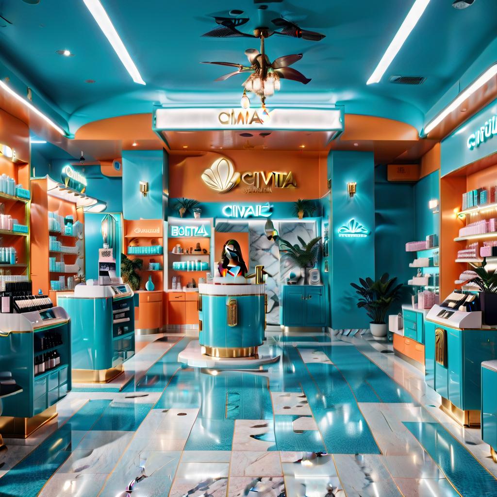  cinematic photo realistic image of 8k ultrahd, beautiful interior of the cosmetics and perfumery store, with turquoise, orange shelves, high ceilings with clouds, marble floors, tropical landscaping, in the background depict a very beautiful photo area in the style of paradise for girls with a mirror of unusual shape, paradise clouds, swings of soft fabrics in bright turquoise color, high resolution, high detail . 35mm photograph, film, bokeh, professional, 4k, highly detailed, civitai