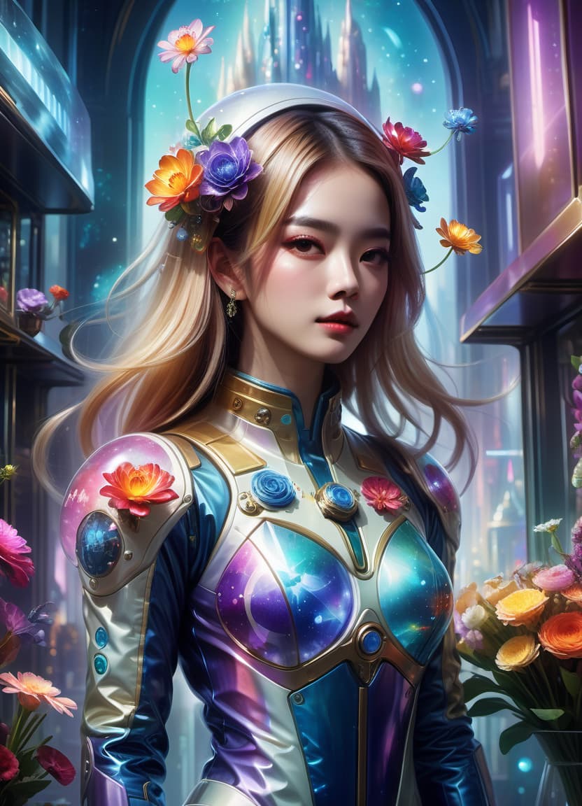  (art by style of ross tran:1.2): space flower shop, seller in spacesuit, flower bouquets covered with glass caps, against the backdrop of the magic tower, against a backdrop of shelves with bouquets under glass caps, sci fi abstract art, multicolore, (frame with intricate thin celtik magical symbol ornamentation:1.4) :: (thin: 1,3) lines,, civitai