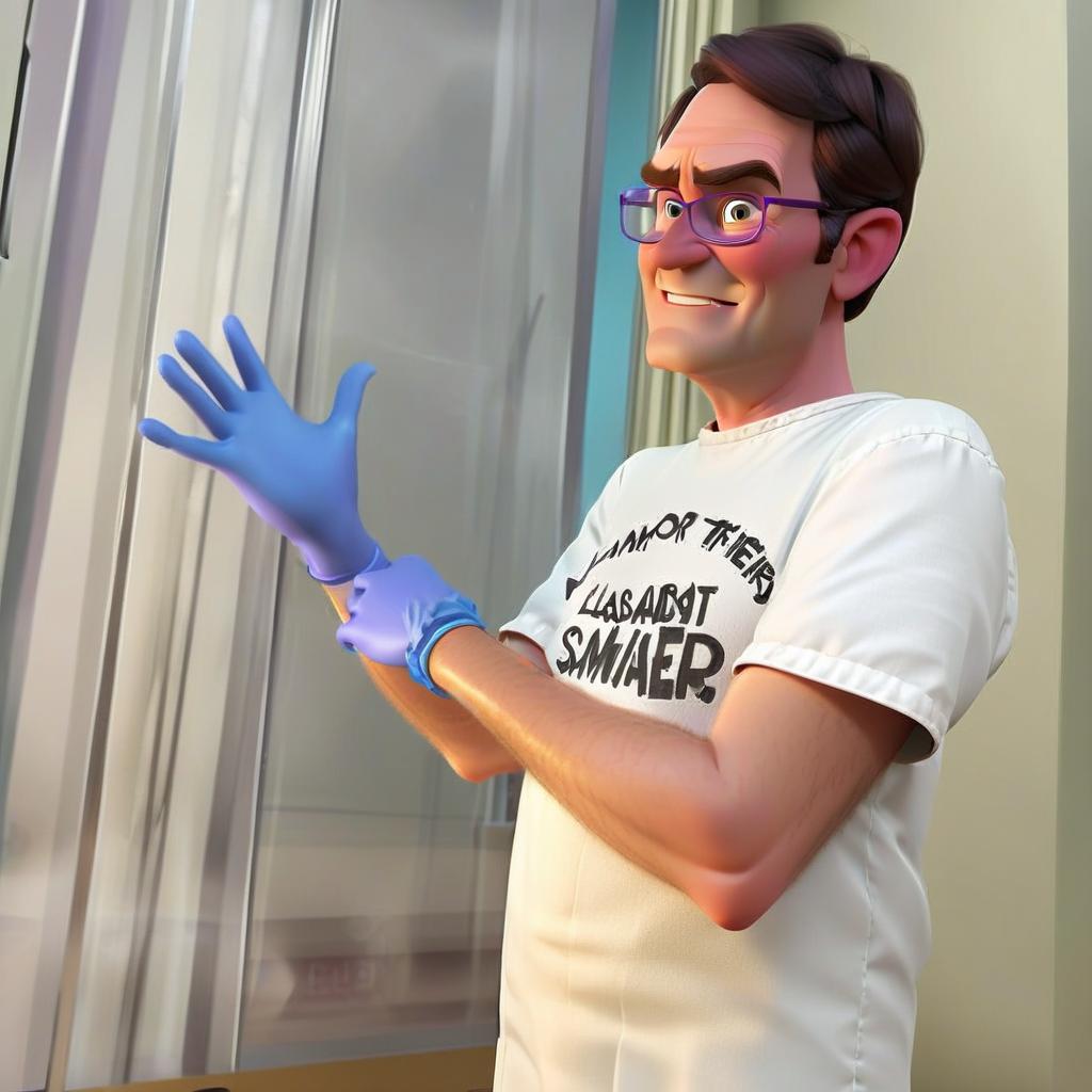  a character from pixar cartoons. this is an evil doctor. he puts on gloves smiling evilly. change background, behind the professor is a laboratory room, smoking flasks with liquid. the room is illuminated by a purple red light.