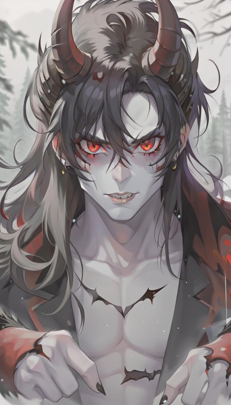  man demon, white skin. red eyes, black hair, red horns, black fur coat, dense forest in the background, sticker