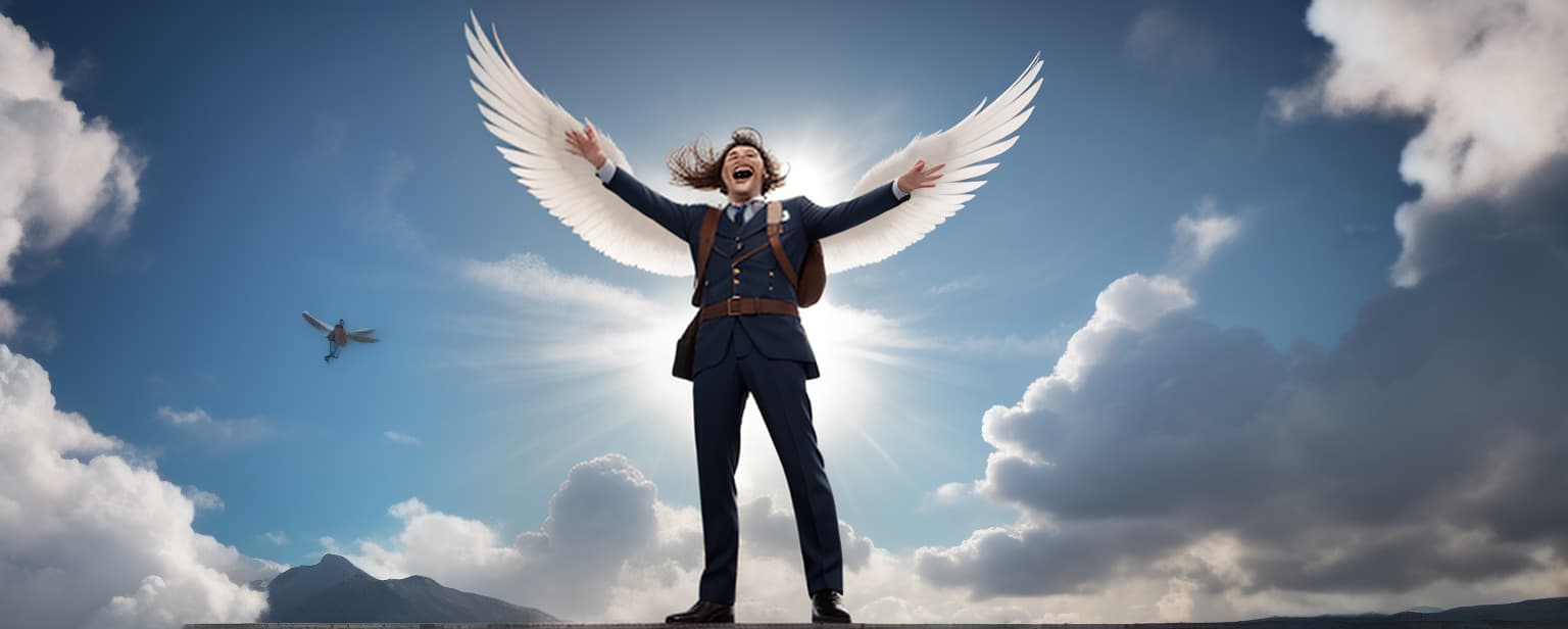  a man with hair, wings, flying and laughing