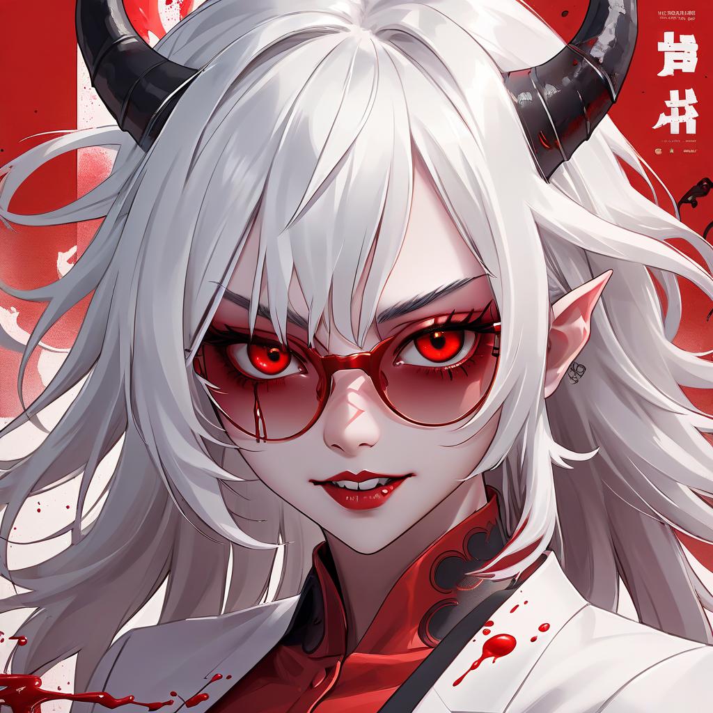  advertising poster style demon , white hair, asian, red shades, blood on the face, . professional, modern, product focused, commercial, eye catching, highly detailed