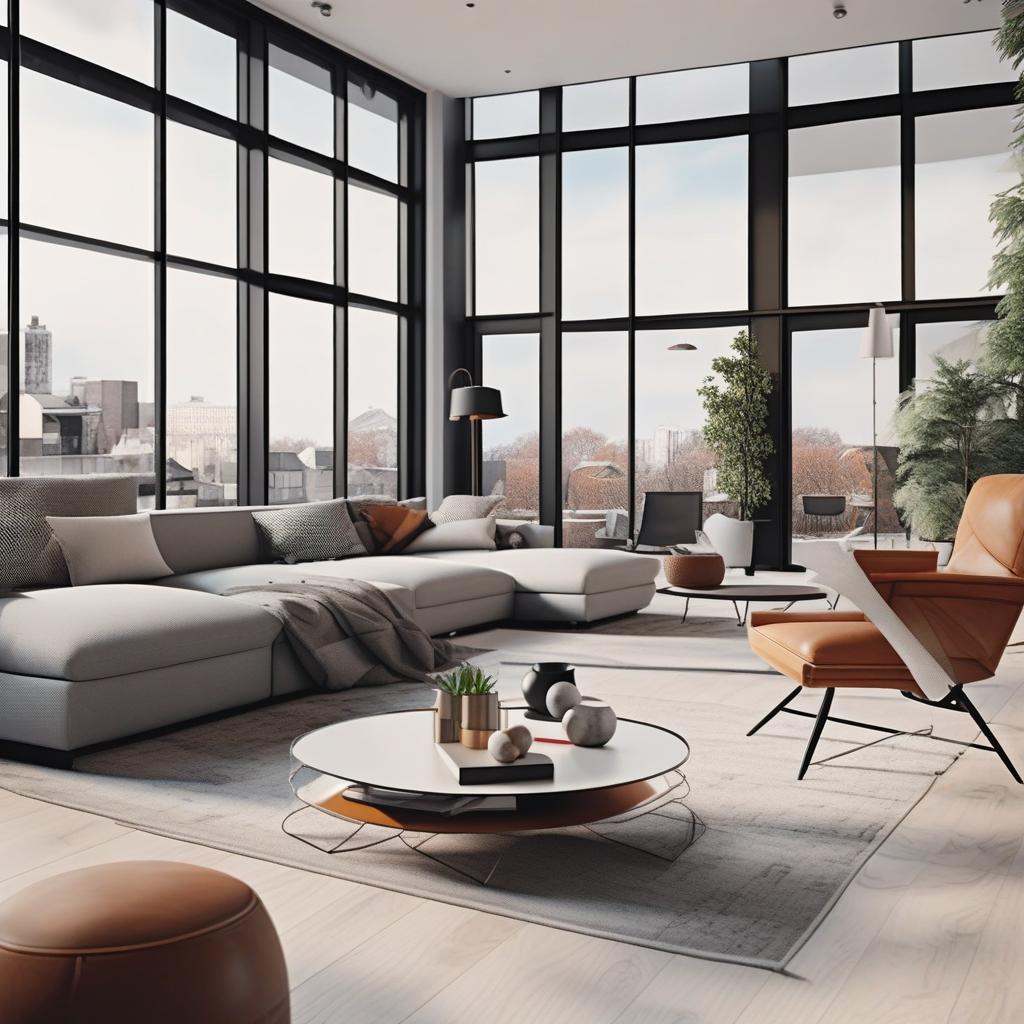  masterpiece, best quality, Best Quality, Masterpiece, 8k resolution,high resolution concept art of an apartment living room with floor to ceiling windows and modern furniture