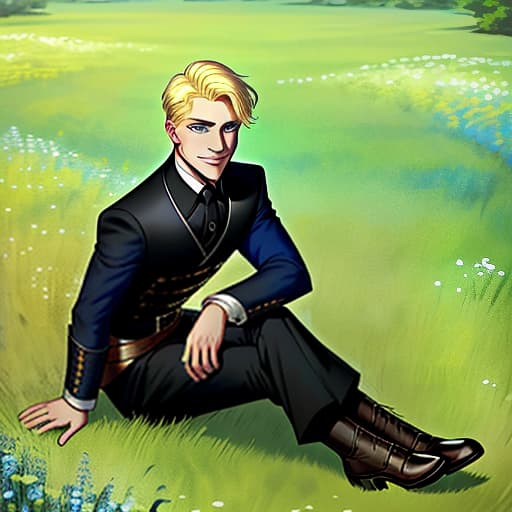  blue eyed god blonde man with short hair in black adventurer's clothes sits on the grass and smiles