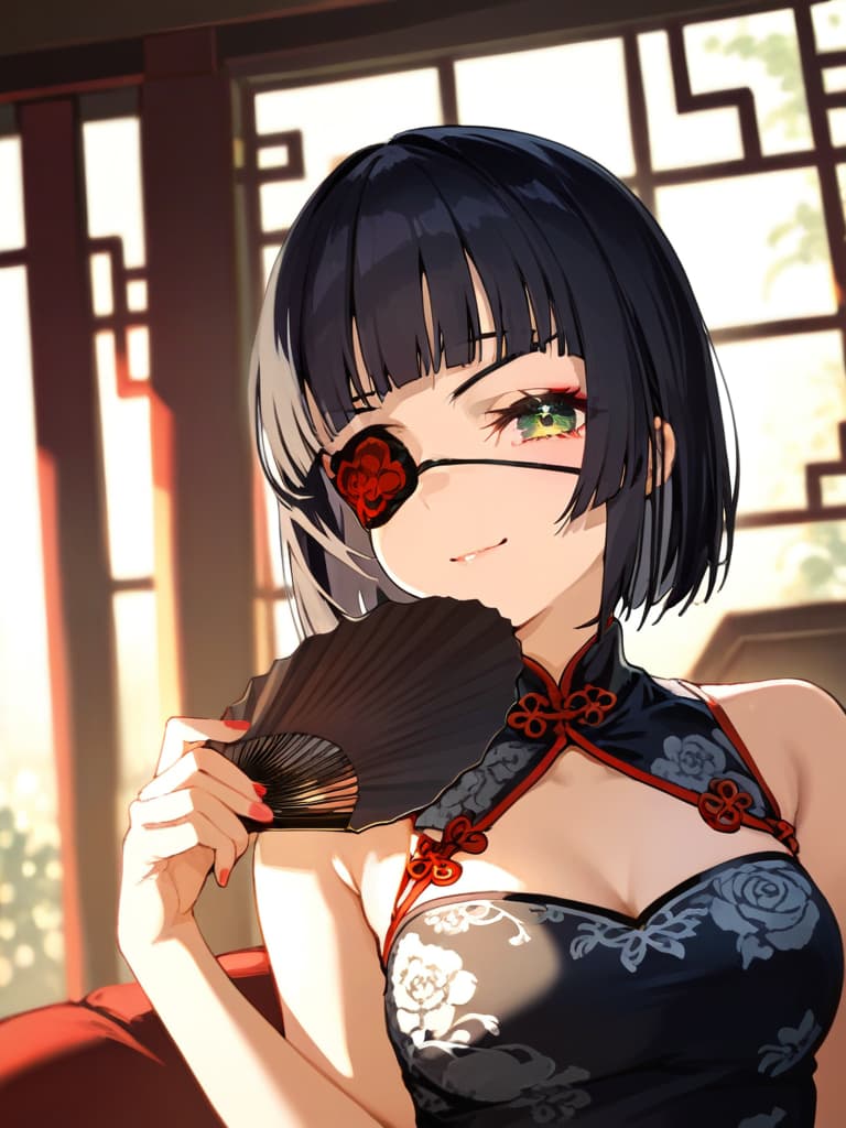  ultra detailed:1.2,masterpiece:1.2,best quality,masterpiece,bestquality,hdr:1.1,8k:1.1,very cute girl:1.3,(black hair,bob cut,long hair,blunt bangs:1.4),((white china dress,japonica pattern:1.5)),(chinaese makeup:1.6),((redrose object eyepatch:1.6))(seductive smile:1.3),(sitting couch:1.3)((cross legs:1.3)),(head rest:1.3),(holding open handfan:1.7)(upper body,face focus:1.4),(dutch angle:1.5),close mouth