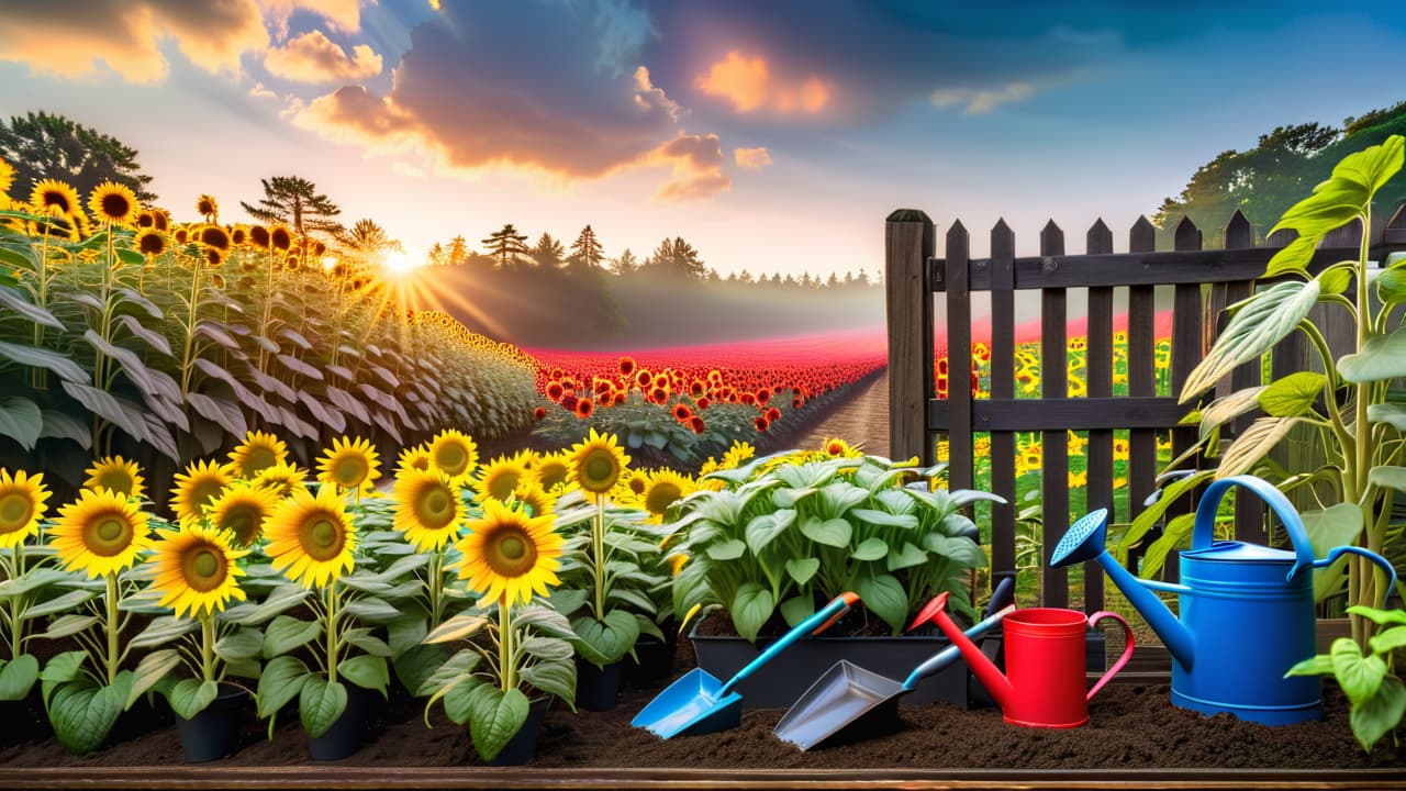  a vibrant beginner garden scene with colorful seedlings in neat rows, rich soil, gardening tools like a trowel and watering can, sunflowers in the background, and a wooden fence under a bright blue sky. hyperrealistic, full body, detailed clothing, highly detailed, cinematic lighting, stunningly beautiful, intricate, sharp focus, f/1. 8, 85mm, (centered image composition), (professionally color graded), ((bright soft diffused light)), volumetric fog, trending on instagram, trending on tumblr, HDR 4K, 8K