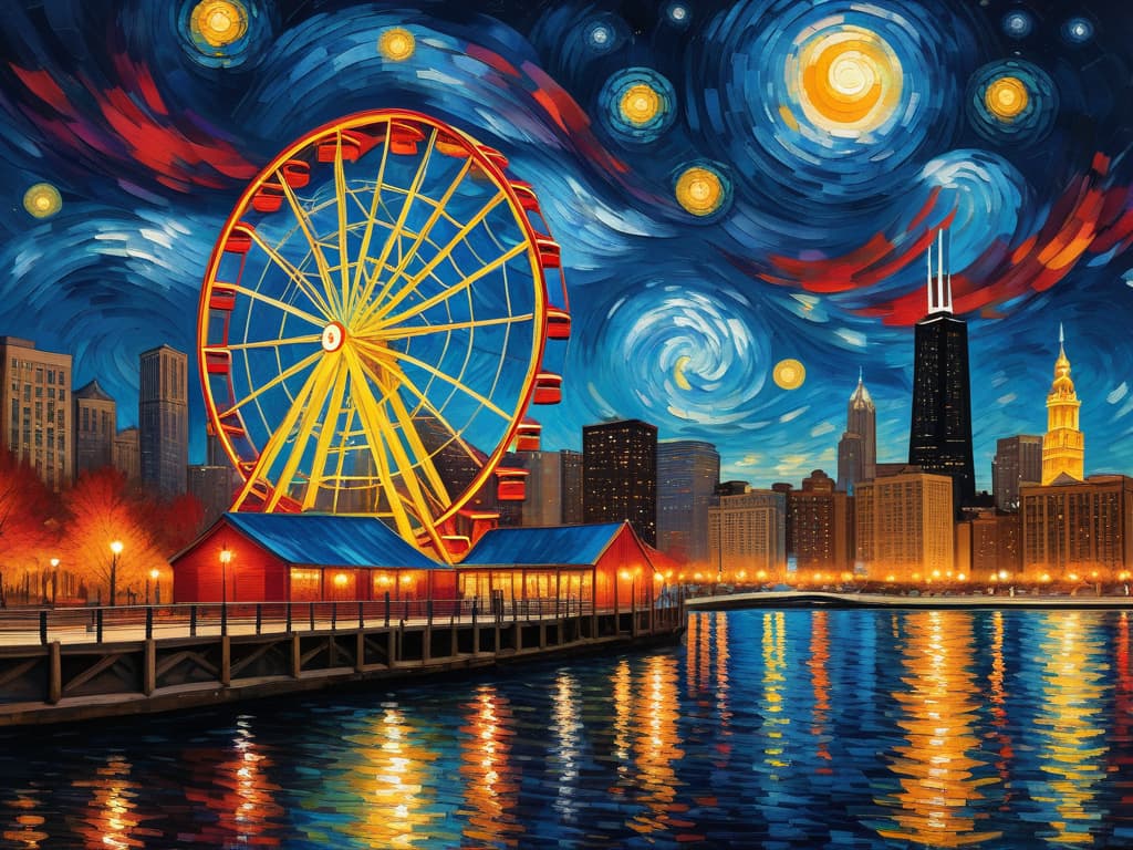  concept art chicago’s centennial ferris wheel, chicago’s navy pier, van gogh's starry starry night with colorful red and orange swirls in the beautiful night sky, chicago skyline with colorful van gogh swirls in the sky, hyper realistic, chicago skyline, mesmerizing, intricate details, flambient golden and red sunrise, dramatic lighting, epic composition, wide angle, cinematic, masterpiece, high resolution, sharp details, best quality, 4k, raw photo, van gogh influence, studio lighting, impressionist, bold colors, starry sky, architectural elements, medium format lens, high angle, cityscape, city life, metropolitan, van gogh's brushstrokes, van gogh's shadows, van gogh's colors, van gogh's textures, nighttime, city scene, streets, night