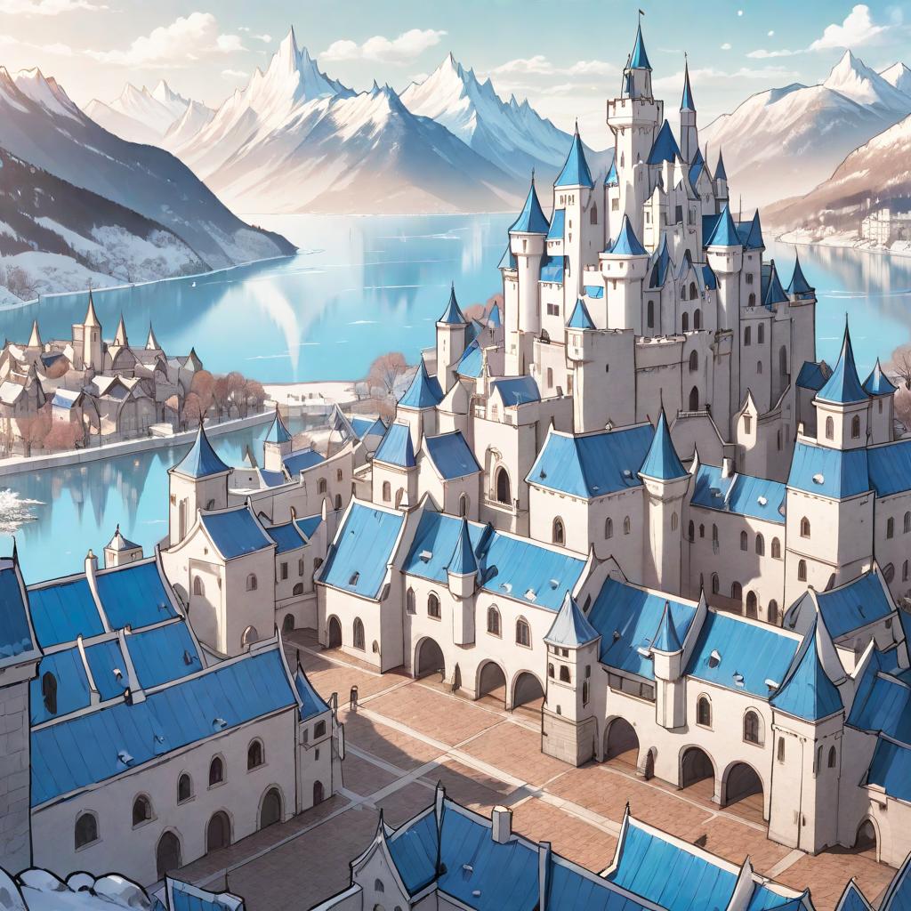  manga artwork city with white houses and blue roofs, it has a big castle in a terrace and a great lake in the background, with icy moutains. anime rpg style . manga artist. manga, highly emotional. best quality, high resolution