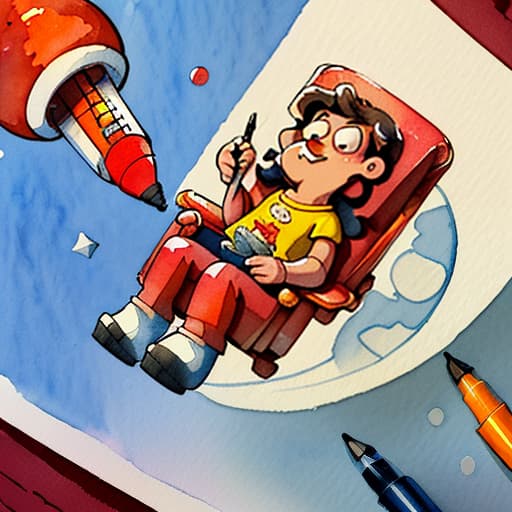  3 red chairs in zero gravity float on the moon, cute, funny, centered, award winning watercolor pen illustration, detailed, disney, isometric illustration, drawing, by stephen hillenburg, matt groening, albert uderzo