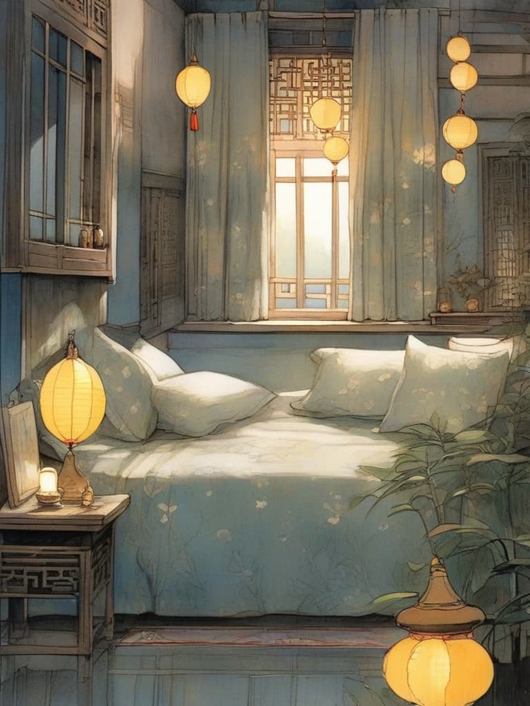  in ancient chinese houses, in the night's room, a silver moon shined out of the window and was shown on the floor in front of the bed. the light of the moon was cold and bright, placing a light and light on the whole room, which seemed quiet and peaceful in the shadows。