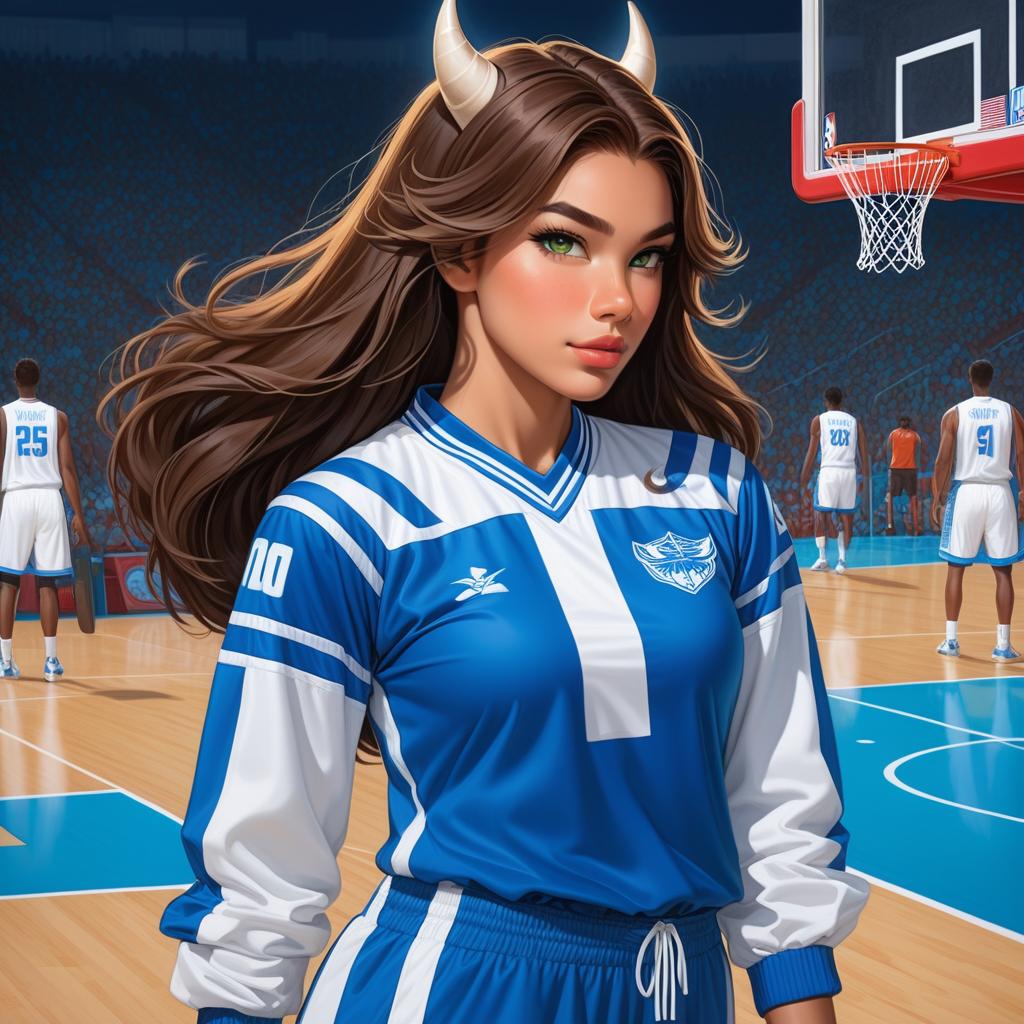  anime art very beautiful, holstaur , whit and brown skin woman, has vitiligo, green eyes, brown hair with white framing highlights, long hair, has cow horns , has cow ears, has cow tails, thin lips, flat eyebrows, delicate nose, square shaped face, large , , blue and white basket ball jersey, basketball court., award winning, professional, highly detailed, masterpiece