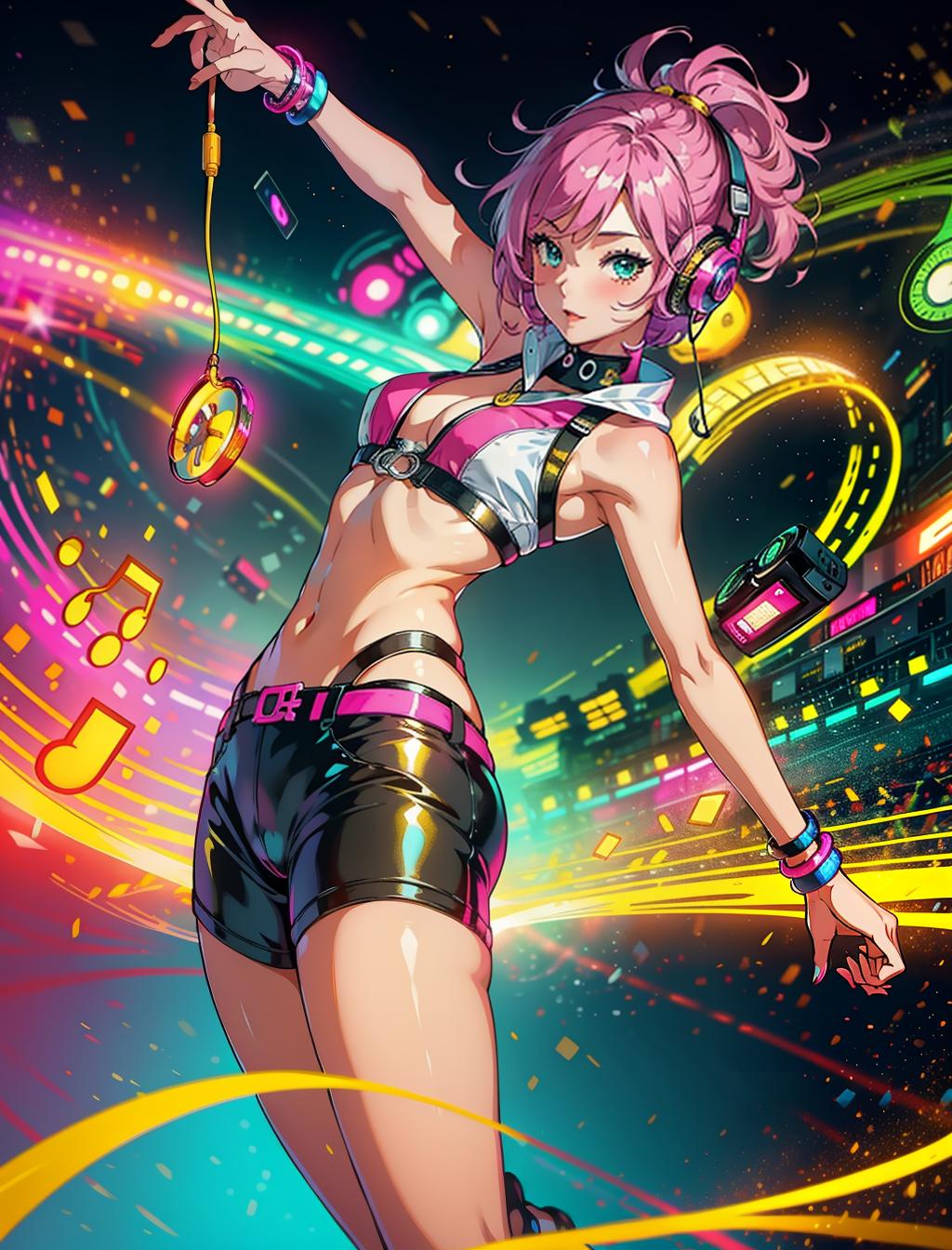  create a vibrant image of a girl enjoying music with an ipod and headphones. the environment features bright colors like fuchsia and yellow. she dances with joy, reflecting her energy. add musical notes and sound waves to create a dynamic and lively atmosphere.