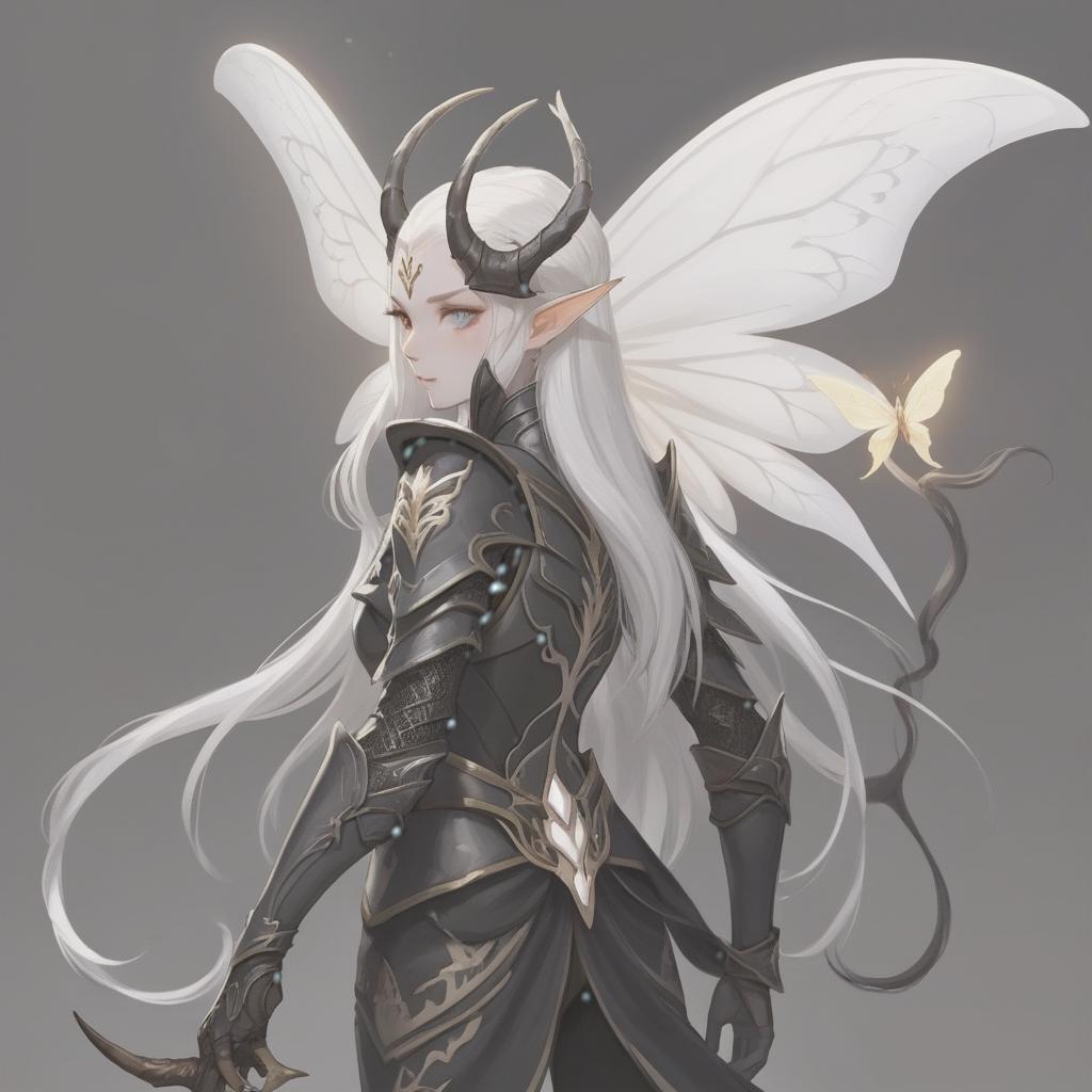  dnd, young , small black horns on the head, white skin, white hair, long hair in the tail, pointed elven ears, white wings of a moth from the back, black leather armor, pearl on the , hkmagic