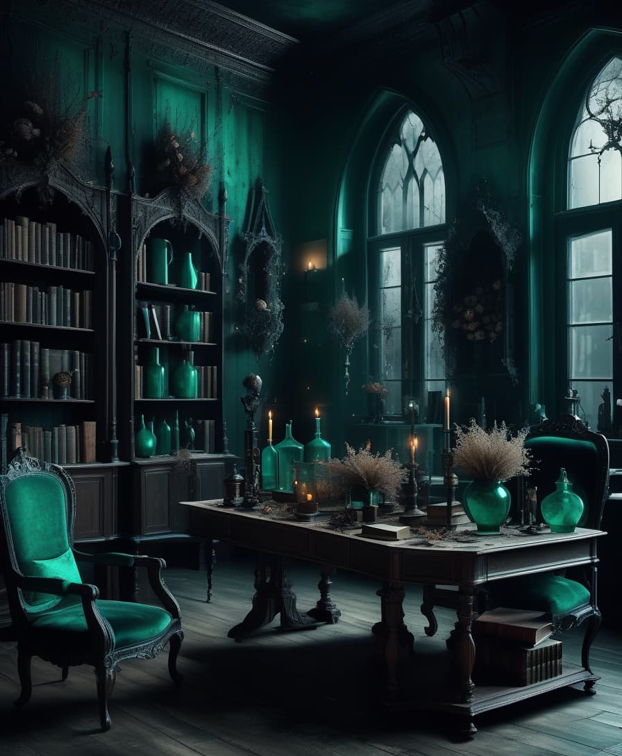  gothic style the dark room. wooden furniture in classic style. dried flowers in emerald vases. old books. burns. web and dust. no lighting. the moon outside . dark, mysterious, haunting, dramatic, ornate, detailed