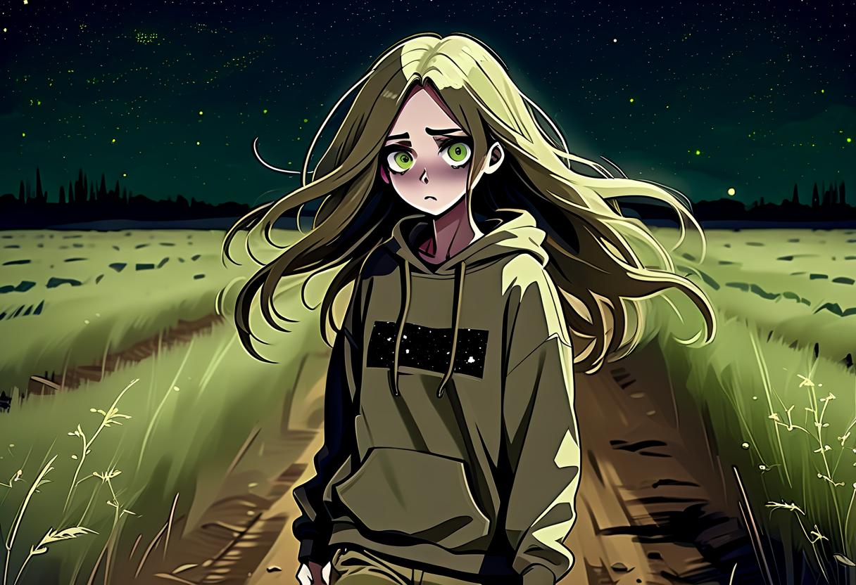  dystopian style a girl in anime style with long hair runs around the field at night dressed in a khaki colored sweatshirt and pants. the girl looks at the starry sky at night with black lower eyelids under the eyes of a specific color full of fear of the unknown and curiosity. . bleak, post apocalyptic, somber, dramatic, highly detailed