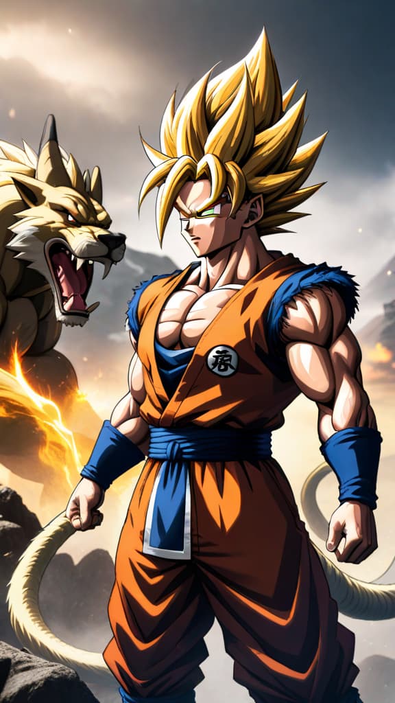  anime art of a saiyan from dragon ball z with their tail cut off, losing the ability to transform into oozaru hyperrealistic, full body, detailed clothing, highly detailed, cinematic lighting, stunningly beautiful, intricate, sharp focus, f/1. 8, 85mm, (centered image composition), (professionally color graded), ((bright soft diffused light)), volumetric fog, trending on instagram, trending on tumblr, HDR 4K, 8K