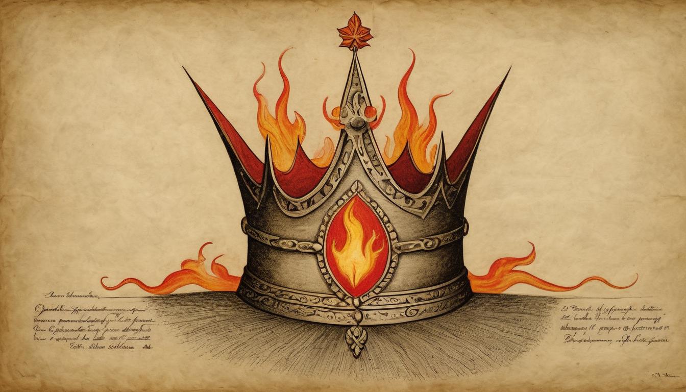  on parchment, surrealism++, a crown of flames above a luminous figure, symbolizing embodiment of triumph, regal, powerful, unapologetic(mysterious, provocative, symbolic)++