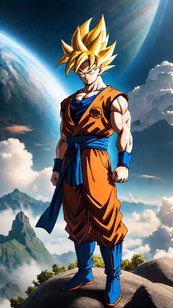  anime art: goku on planet namek, unlocking super saiyan power after krillin's death, a pivotal moment. hyperrealistic, full body, detailed clothing, highly detailed, cinematic lighting, stunningly beautiful, intricate, sharp focus, f/1. 8, 85mm, (centered image composition), (professionally color graded), ((bright soft diffused light)), volumetric fog, trending on instagram, trending on tumblr, HDR 4K, 8K