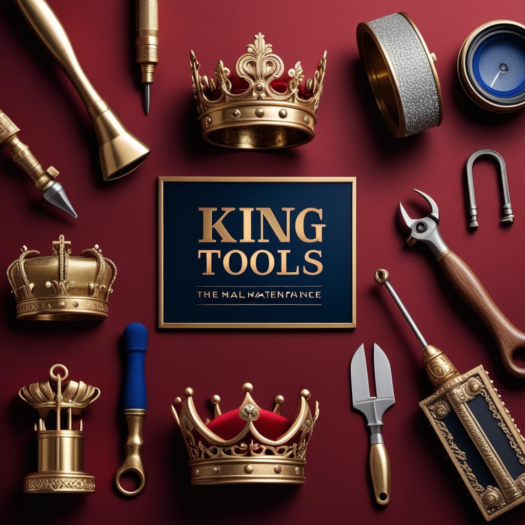  Design an advertisement banner for 'King of the Tools' home maintenance business with the slogan 'Royal Repairs, Every Time'. The ad should feature a royal theme with king-like imagery such as crowns and scepters integrated with tools like wrenches, hammers, and screwdrivers. The palette should include bold and regal colors like gold, royal blue, and deep red. The design should also include shimmering effects and dynamic transitions to emphasize the high-quality service provided by the business. hyperrealistic, full body, detailed clothing, highly detailed, cinematic lighting, stunningly beautiful, intricate, sharp focus, f/1. 8, 85mm, (centered image composition), (professionally color graded), ((bright soft diffused light)), volumetric fog, trending on instagram, trending on tumblr, HDR 4K, 8K