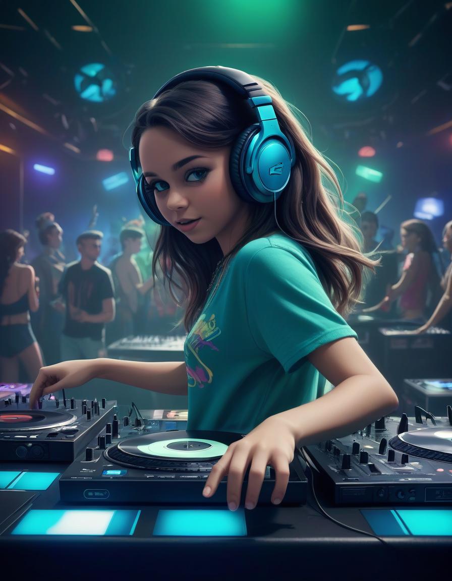  on the front: the dj's desk, the girl is playing music. in the background is a club with dancing people. colors: dark, blue green.