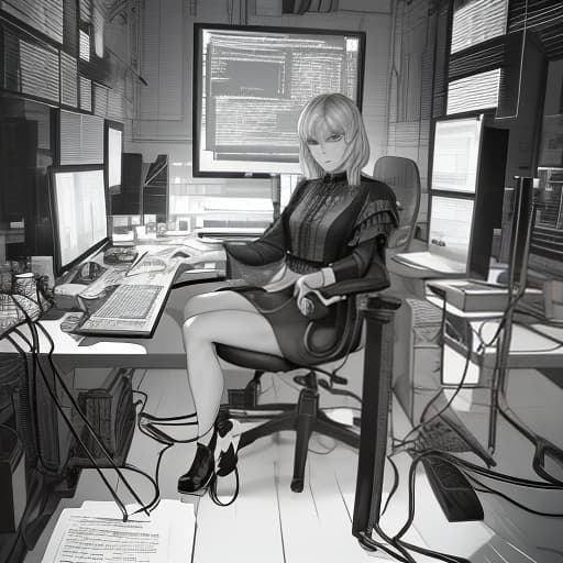  In a cute image, depict a programmer sitting at a desktop in front of a computer with the source code visible on the screen. The programmer is focused and works in a cozy office, surrounded by modern technological devices. The room should have dim lighting, creating an atmosphere of concentration and creative work., geometric , structural , aesthetic , by Julius Shulman, Andreas Gursky, Iwan Baan, Berenice Abbott, Hiroshi Sugimoto hyperrealistic, full body, detailed clothing, highly detailed, cinematic lighting, stunningly beautiful, intricate, sharp focus, f/1. 8, 85mm, (centered image composition), (professionally color graded), ((bright soft diffused light)), volumetric fog, trending on instagram, trending on tumblr, HDR 4K, 8K