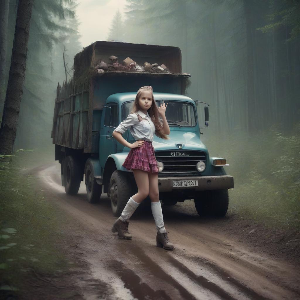  advertising poster, on a dirty forest road drives a truck ural from the driver's door stands out crazy schoolgirl and waving a magic wand, photorealistic, 4k