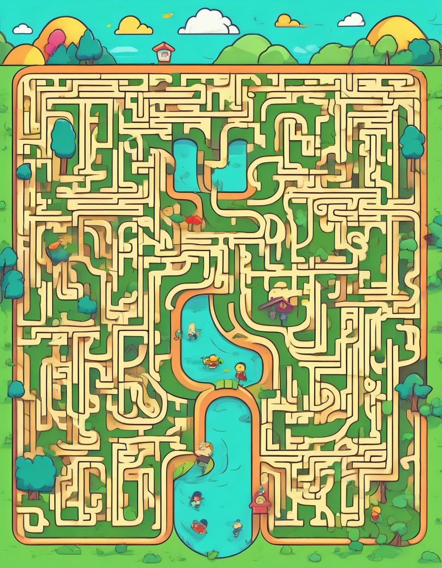  children's maze, anime, cartoon style, flat style, bright colors, thin contours, pure colors