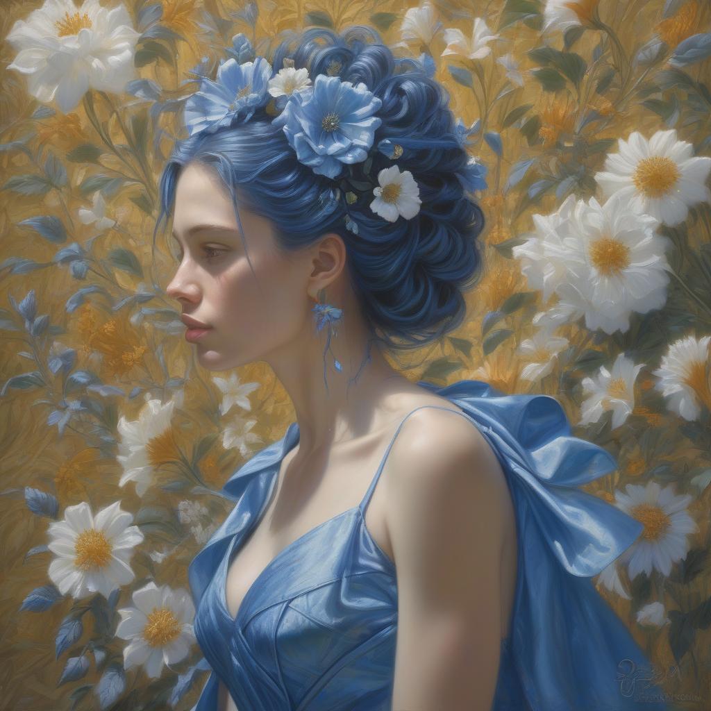  <mymodel> a painting of a woman with flowers in her hair and a blue dress donato giancola, figurative art, extremely detailed oil painting, a hyperrealistic painting