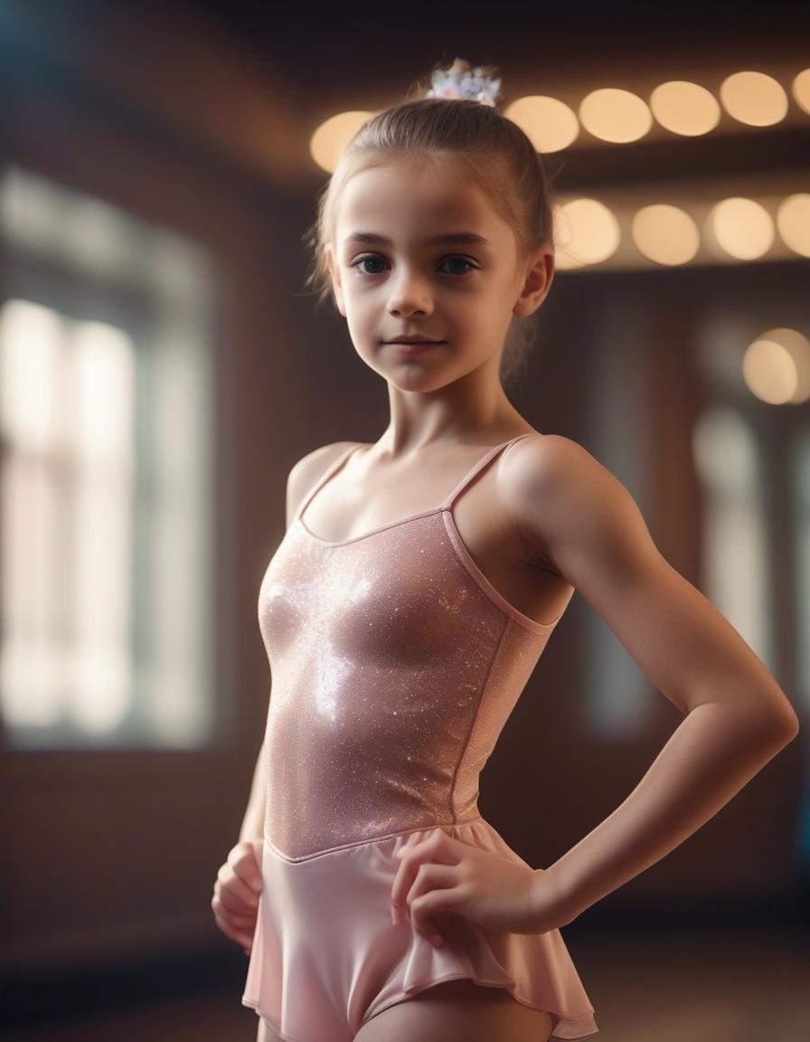  cinematic photo a cute girl in a dance suit stands in the sixth dance position . 35mm photograph, film, bokeh, professional, 4k, highly detailed