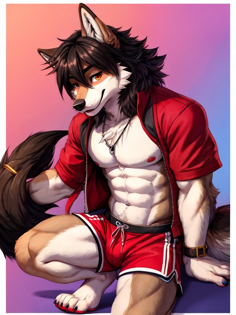  grey and red male wolf wearing red shorts