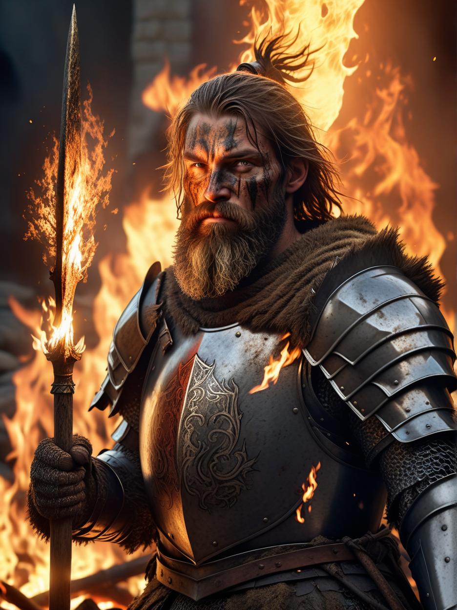  an extremely ugly and rough looking male knight with a flame scarred face and bushy beard is standing in front of a fire, wearing tattered armor while wielding a spear, high quality, high details, hd, perfect composition, 4k epic detailed, highly detailed, sharp focus, high resolution