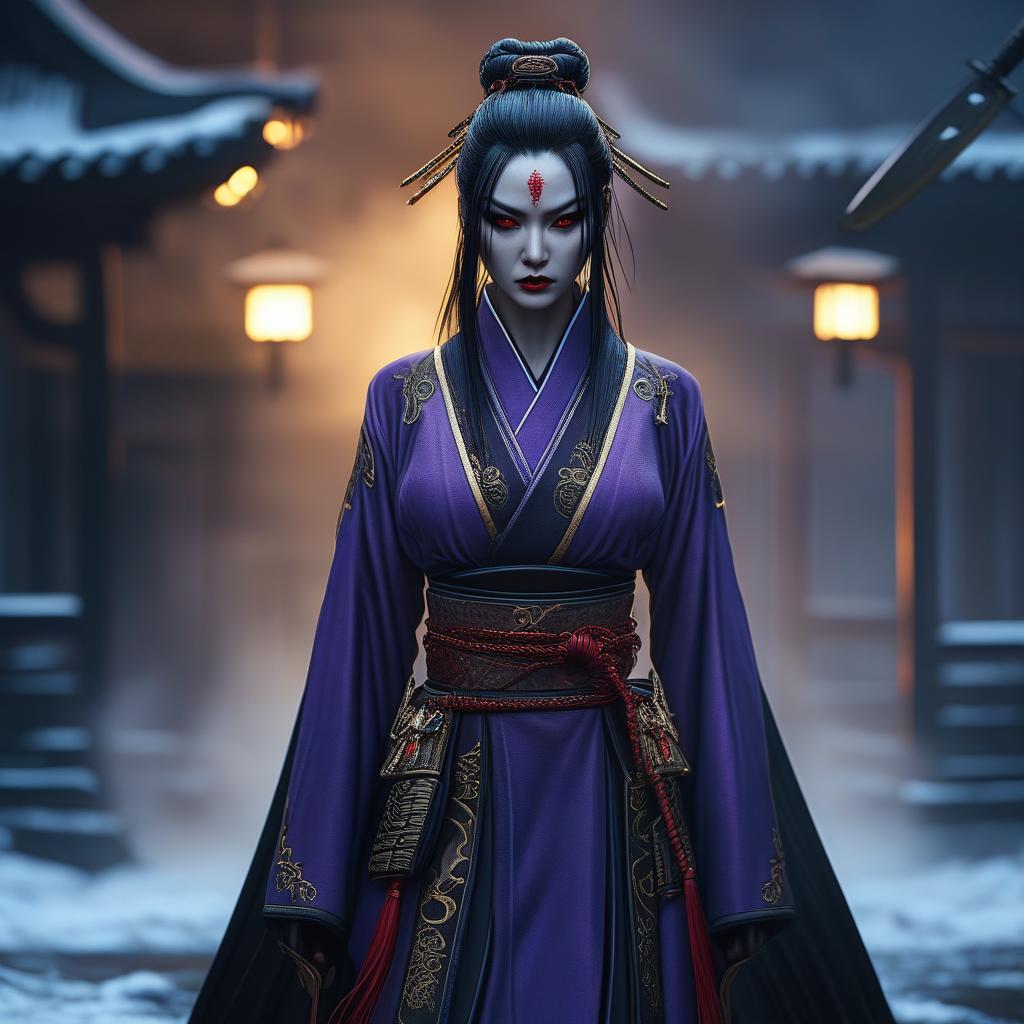  best quality, hd, female undead ugly samurai with a dark, mystical appearance. here’s a detailed description: a physical appearance: stylized character fantasy themed art style face: the character has a pale, almost bluish complexion, suggesting an otherworldly or undead nature. the facial expression is stern, with a somewhat gaunt structure, enhancing the eerie vibe. eyes: the eyes are glowing with a bright light, which adds to the character’s menacing aura. hair: the character has long, straight, purple hair that cascades down, covering part of their face and reaching towards the back. it gives a gothic and enigmatic look. clothing: robe: the character wears a long, flowing robe that is dark blue with purple and gold accents. the rob hyperrealistic, full body, detailed clothing, highly detailed, cinematic lighting, stunningly beautiful, intricate, sharp focus, f/1. 8, 85mm, (centered image composition), (professionally color graded), ((bright soft diffused light)), volumetric fog, trending on instagram, trending on tumblr, HDR 4K, 8K