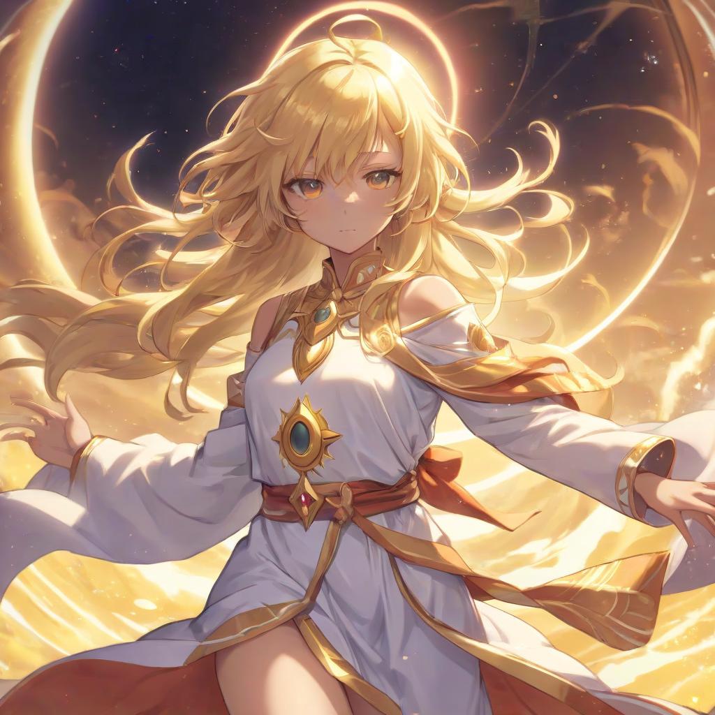  astral robe, girl, sun goddess, golden hair, tanned skin, anime, adult girl