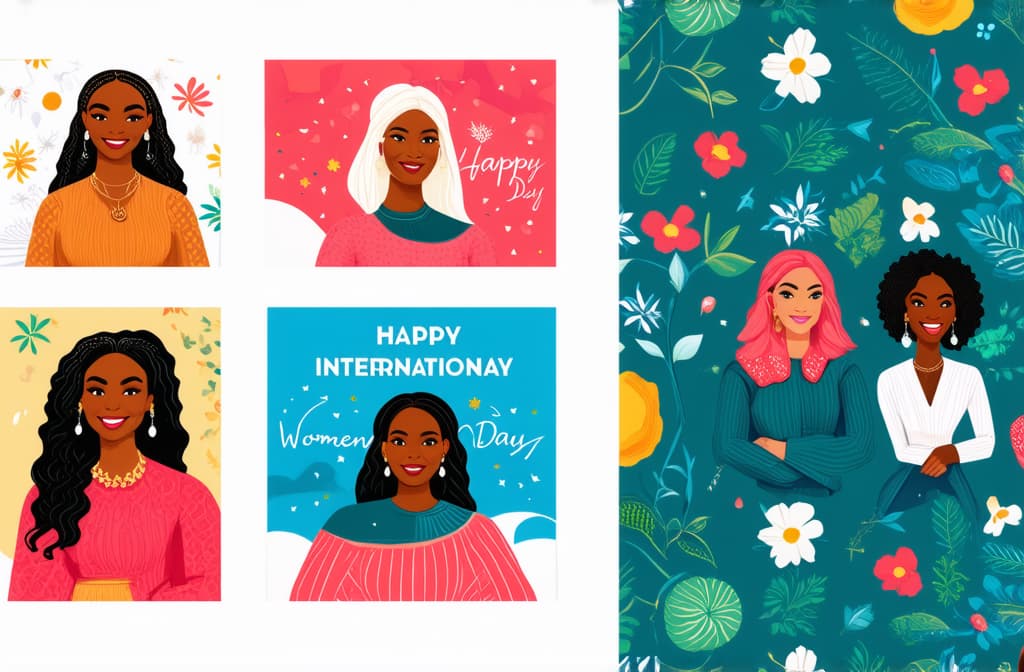  happy international women's day. march 8th. different races and nationalities. colored hand drawn vector illustrations. set of cards and seamless pattern ar 3:2 {prompt}, maximum details