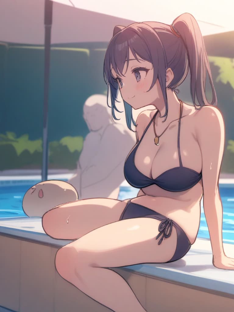  women's elementary students (male), twin tails, cute smiles, rich s, low stature, dark blue swimwear, old swimwear, swimwear, simple, , phimosis, (bulging), male (swelling), front, whole body, pool, pool side,