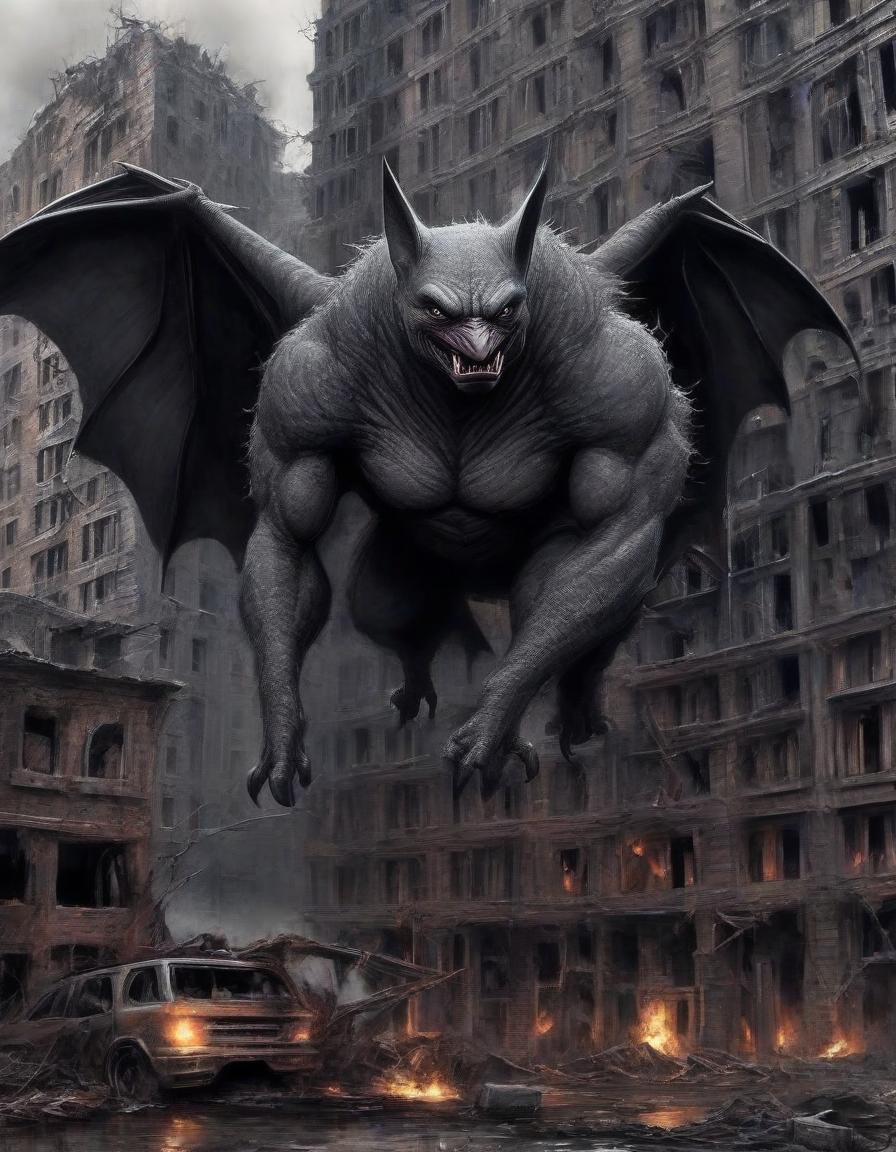  macabre style ultra realistic drawing of all the details. stupid muzzle like a bat, developed pectoral muscles, gray bald skin, long and sharp claws. it has wings for flight, holes in the wings, in full growth. in a destroyed post apocalyptic city with buildings destroyed by flames. . dark, gothic, grim, haunting, highly detailed, perfecteyes, perfect hands